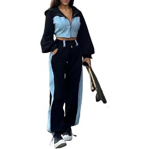 المرأة طقم رياضي غير رسمي موضة الدنيم المرقعة زمم قلنسوة قصيرة سترة فضفاض السراويل الطويلة 2 قطعة وتتسابق in Kuwait