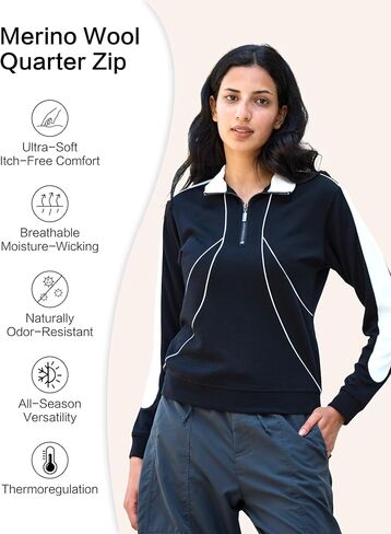 بلوفر صوف ميرينو بسحاب ربع للنساء لممارسة التمارين الرياضية، سويت شيرت ناعم ومريح بياقة حرارية للنساء in Kuwait