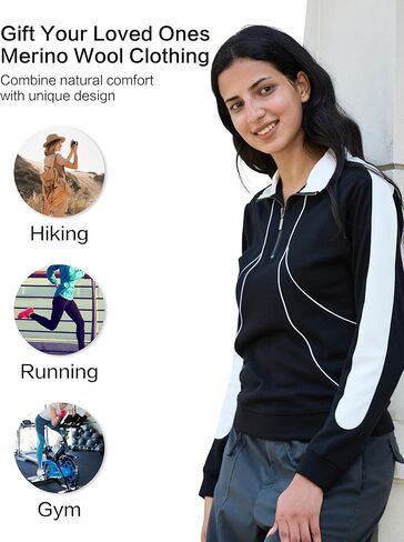 بلوفر صوف ميرينو بسحاب ربع للنساء لممارسة التمارين الرياضية، سويت شيرت ناعم ومريح بياقة حرارية للنساء in Kuwait