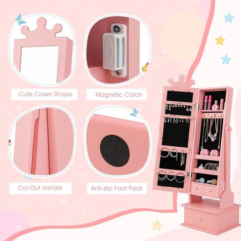 خزانة دولاب مجوهرات قائمة بذاتها، منظم مجوهرات مقاس 40 بوصة/44.5 بوصة مع مرآة كاملة الطول، على شكل تاج، مرآة تزيين للأطفال مع مساحة تخزين مثالية للأميرات البنات، وردي in Kuwait