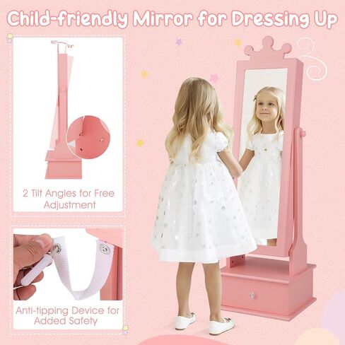 خزانة دولاب مجوهرات قائمة بذاتها، منظم مجوهرات مقاس 40 بوصة/44.5 بوصة مع مرآة كاملة الطول، على شكل تاج، مرآة تزيين للأطفال مع مساحة تخزين مثالية للأميرات البنات، وردي in Kuwait