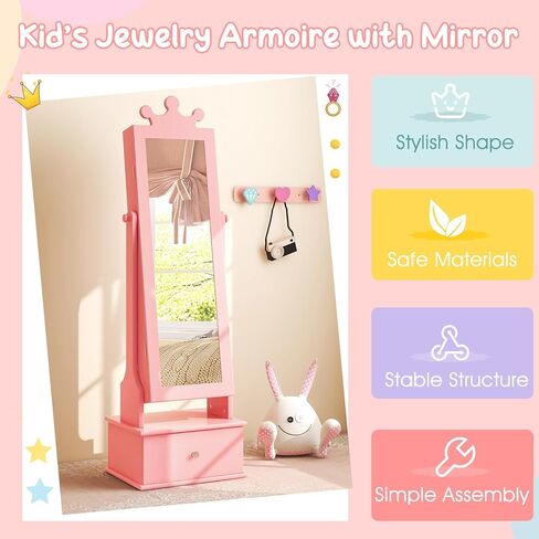 خزانة دولاب مجوهرات قائمة بذاتها، منظم مجوهرات مقاس 40 بوصة/44.5 بوصة مع مرآة كاملة الطول، على شكل تاج، مرآة تزيين للأطفال مع مساحة تخزين مثالية للأميرات البنات، وردي in Kuwait