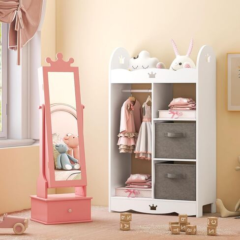 خزانة دولاب مجوهرات قائمة بذاتها، منظم مجوهرات مقاس 40 بوصة/44.5 بوصة مع مرآة كاملة الطول، على شكل تاج، مرآة تزيين للأطفال مع مساحة تخزين مثالية للأميرات البنات، وردي in Kuwait