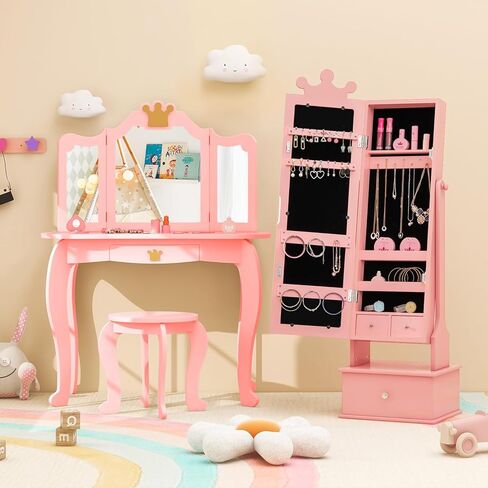 خزانة دولاب مجوهرات قائمة بذاتها، منظم مجوهرات مقاس 40 بوصة/44.5 بوصة مع مرآة كاملة الطول، على شكل تاج، مرآة تزيين للأطفال مع مساحة تخزين مثالية للأميرات البنات، وردي in Kuwait