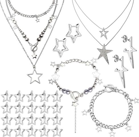 Sumind 31 Pcs Y2k Accessories Jewelry Set Included Layered Star Necklace Bracelet Silver Earrings Hair Clips Y2k Jewelry for Women Goth Grunge Emo Punk Party Accessories in Saudi Arabia