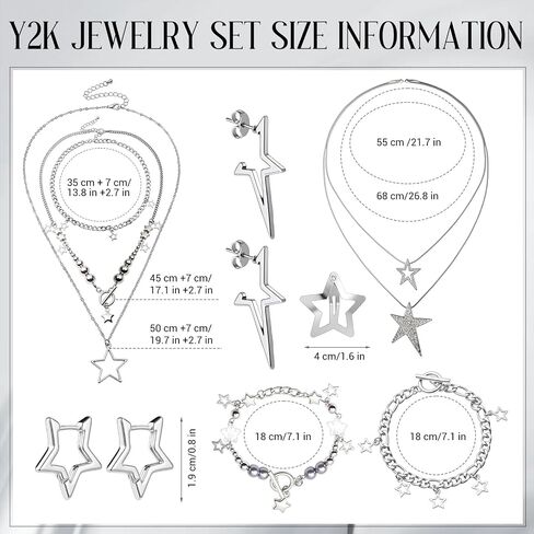 Sumind 31 Pcs Y2k Accessories Jewelry Set Included Layered Star Necklace Bracelet Silver Earrings Hair Clips Y2k Jewelry for Women Goth Grunge Emo Punk Party Accessories in Saudi Arabia