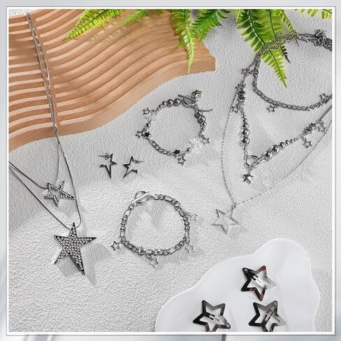 Sumind 31 Pcs Y2k Accessories Jewelry Set Included Layered Star Necklace Bracelet Silver Earrings Hair Clips Y2k Jewelry for Women Goth Grunge Emo Punk Party Accessories in Saudi Arabia
