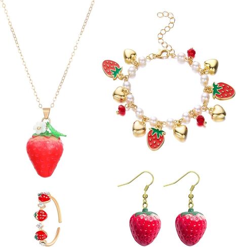 Strawberry Jewelry Set for Women 3D Simulation Strawberry Necklace Earrings Cute Red Strawberry Necklace Earrings Bracelet Ring Sweet Fruit Jewelry Set in Saudi Arabia