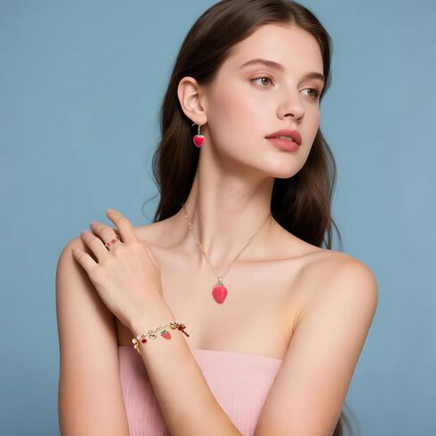 Strawberry Jewelry Set for Women 3D Simulation Strawberry Necklace Earrings Cute Red Strawberry Necklace Earrings Bracelet Ring Sweet Fruit Jewelry Set in Saudi Arabia