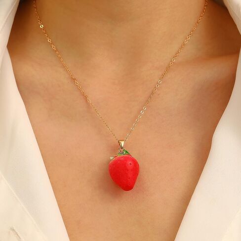 Strawberry Jewelry Set for Women 3D Simulation Strawberry Necklace Earrings Cute Red Strawberry Necklace Earrings Bracelet Ring Sweet Fruit Jewelry Set in Saudi Arabia