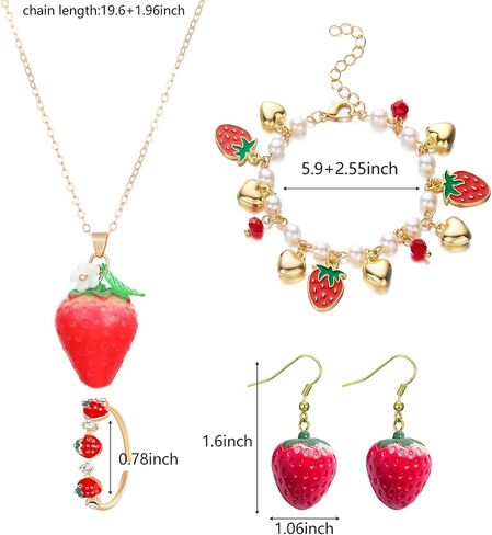 Strawberry Jewelry Set for Women 3D Simulation Strawberry Necklace Earrings Cute Red Strawberry Necklace Earrings Bracelet Ring Sweet Fruit Jewelry Set in Saudi Arabia