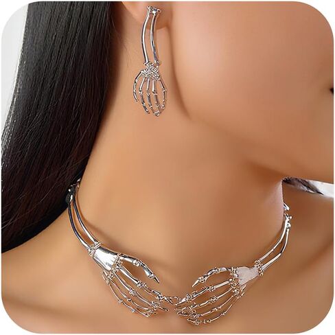 مجموعة أقراط قلادة هيكل عظمي قوطي للنساء للهالوين هيكل عظمي يد جمجمة أقراط مجموعة فاسق عتيق هيكل عظمي أسود مجوهرات بيان مجوهرات الهالوين القوطي إكسسوارات الحفلات in Kuwait