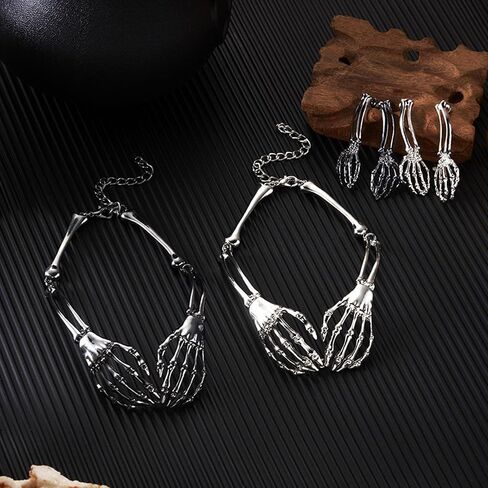 مجموعة أقراط قلادة هيكل عظمي قوطي للنساء للهالوين هيكل عظمي يد جمجمة أقراط مجموعة فاسق عتيق هيكل عظمي أسود مجوهرات بيان مجوهرات الهالوين القوطي إكسسوارات الحفلات in Kuwait