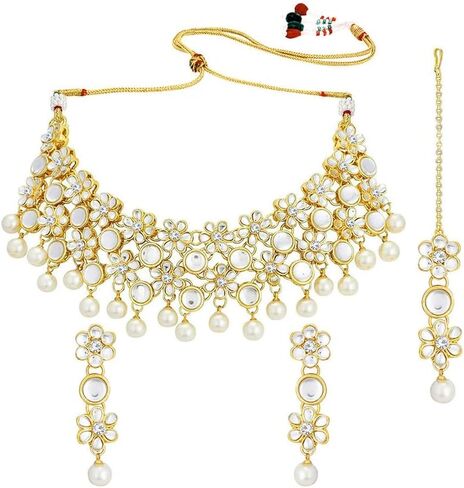 Aheli Kundan & Beads Studded Necklace Earrings Maangtikka Set Ethnic Jewellery for Women in Saudi Arabia