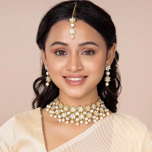 Aheli Kundan & Beads Studded Necklace Earrings Maangtikka Set Ethnic Jewellery for Women in Saudi Arabia
