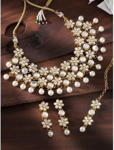 Aheli Kundan & Beads Studded Necklace Earrings Maangtikka Set Ethnic Jewellery for Women in Saudi Arabia