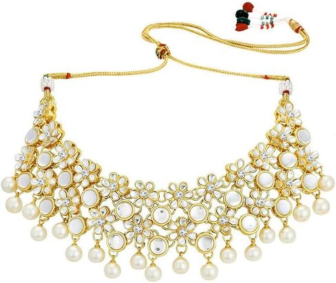 Aheli Kundan & Beads Studded Necklace Earrings Maangtikka Set Ethnic Jewellery for Women in Saudi Arabia
