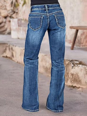 بنطال جينز Flamingals Bootcut للسيدات بنطال سكيني متوسط ​​الخصر من قماش الدنيم المغسول مع جيوب رقعة in Saudi Arabia
