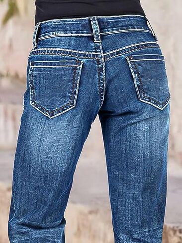 بنطال جينز Flamingals Bootcut للسيدات بنطال سكيني متوسط ​​الخصر من قماش الدنيم المغسول مع جيوب رقعة in Saudi Arabia