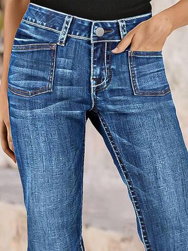 بنطال جينز Flamingals Bootcut للسيدات بنطال سكيني متوسط ​​الخصر من قماش الدنيم المغسول مع جيوب رقعة in Saudi Arabia