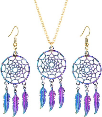 Dreuyet Dream Catcher Feather Earrings Necklace for Women Bohemian Vintage Ethnic Fringe Tassel Dangle Earrings Western Turquoise Necklace American Indian Jewelry in Saudi Arabia
