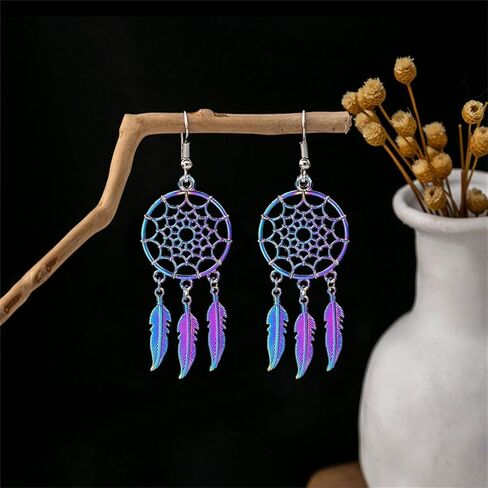 Dreuyet Dream Catcher Feather Earrings Necklace for Women Bohemian Vintage Ethnic Fringe Tassel Dangle Earrings Western Turquoise Necklace American Indian Jewelry in Saudi Arabia