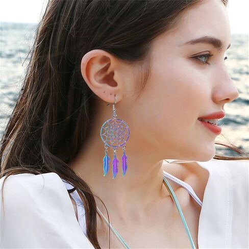 Dreuyet Dream Catcher Feather Earrings Necklace for Women Bohemian Vintage Ethnic Fringe Tassel Dangle Earrings Western Turquoise Necklace American Indian Jewelry in Saudi Arabia