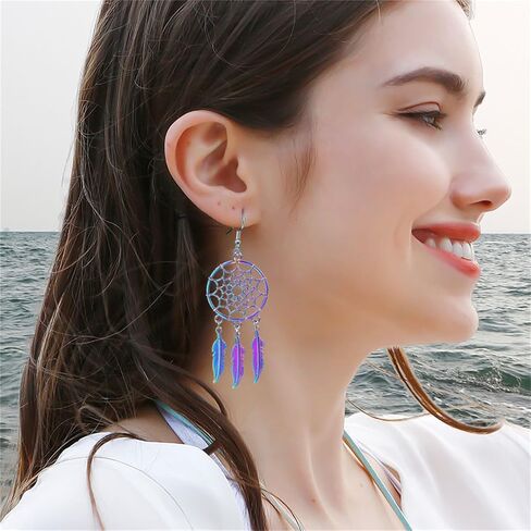 Dreuyet Dream Catcher Feather Earrings Necklace for Women Bohemian Vintage Ethnic Fringe Tassel Dangle Earrings Western Turquoise Necklace American Indian Jewelry in Saudi Arabia