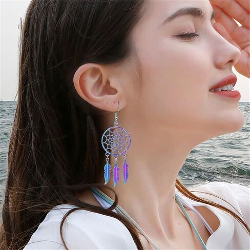 Dreuyet Dream Catcher Feather Earrings Necklace for Women Bohemian Vintage Ethnic Fringe Tassel Dangle Earrings Western Turquoise Necklace American Indian Jewelry in Saudi Arabia