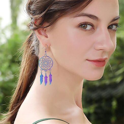 Dreuyet Dream Catcher Feather Earrings Necklace for Women Bohemian Vintage Ethnic Fringe Tassel Dangle Earrings Western Turquoise Necklace American Indian Jewelry in Saudi Arabia