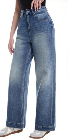 Women's Wide Leg Jeans Baggy High Waisted Straight Leg Non-Stretch Denim Pants with Pockets in Saudi Arabia