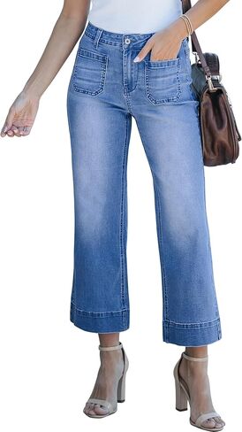 Women's Cropped Wide Leg Jeans Butterfly Straight High Waisted Baggy Flared Jeans Stretchy Trendy Petite Denim Pants in Kuwait