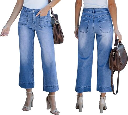 Women's Cropped Wide Leg Jeans Butterfly Straight High Waisted Baggy Flared Jeans Stretchy Trendy Petite Denim Pants in Kuwait