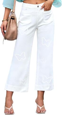 Women's Cropped Wide Leg Jeans Butterfly Straight High Waisted Baggy Flared Jeans Stretchy Trendy Petite Denim Pants in Saudi Arabia