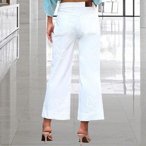 Women's Cropped Wide Leg Jeans Butterfly Straight High Waisted Baggy Flared Jeans Stretchy Trendy Petite Denim Pants in Saudi Arabia
