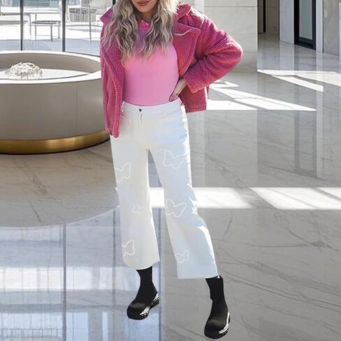 Women's Cropped Wide Leg Jeans Butterfly Straight High Waisted Baggy Flared Jeans Stretchy Trendy Petite Denim Pants in Saudi Arabia