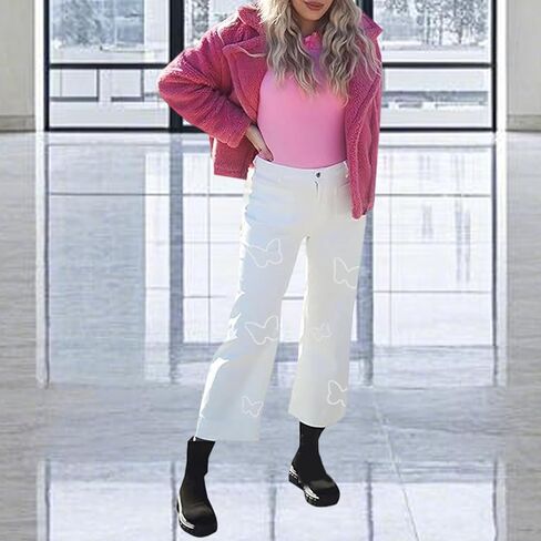 Women's Cropped Wide Leg Jeans Butterfly Straight High Waisted Baggy Flared Jeans Stretchy Trendy Petite Denim Pants in Saudi Arabia