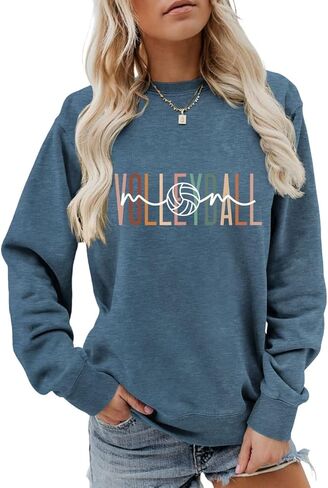 Womens Volleyball Mom Sweatshirt Cute Volleyball Graphic Print Shirts Long Sleeve Crew Neck Comfy Pullover Tops in Saudi Arabia