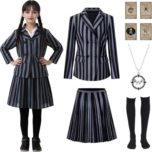 Halloween Costume Girls Addams Costume Cosplay School Uniform Dress Kid Teen Black Outfit With Necklace Socks Party Dress in Saudi Arabia