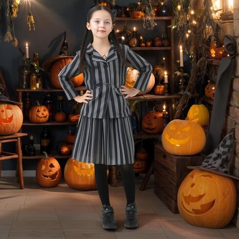 Halloween Costume Girls Addams Costume Cosplay School Uniform Dress Kid Teen Black Outfit With Necklace Socks Party Dress in Saudi Arabia