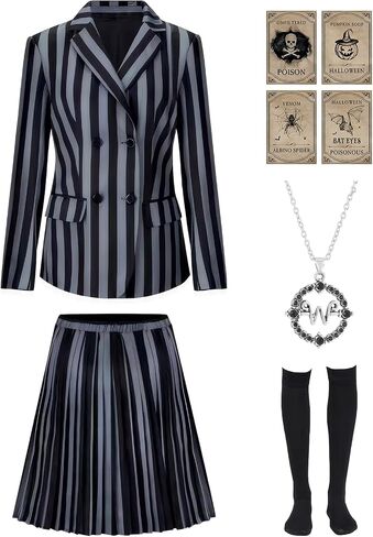 Halloween Costume Girls Addams Costume Cosplay School Uniform Dress Kid Teen Black Outfit With Necklace Socks Party Dress in Saudi Arabia