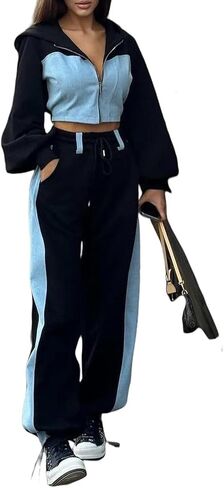 المرأة طقم رياضي غير رسمي موضة الدنيم المرقعة زمم قلنسوة قصيرة سترة فضفاض السراويل الطويلة 2 قطعة وتتسابق in Kuwait