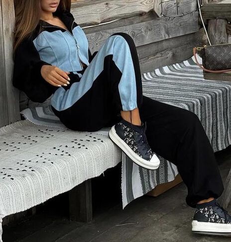 المرأة طقم رياضي غير رسمي موضة الدنيم المرقعة زمم قلنسوة قصيرة سترة فضفاض السراويل الطويلة 2 قطعة وتتسابق in Kuwait