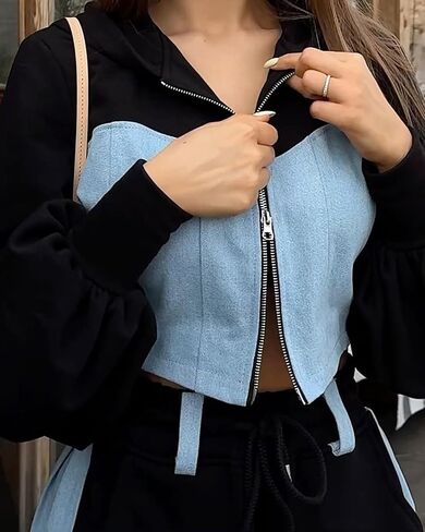 المرأة طقم رياضي غير رسمي موضة الدنيم المرقعة زمم قلنسوة قصيرة سترة فضفاض السراويل الطويلة 2 قطعة وتتسابق in Kuwait