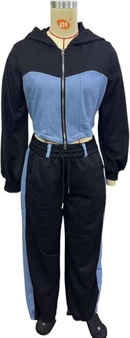 المرأة طقم رياضي غير رسمي موضة الدنيم المرقعة زمم قلنسوة قصيرة سترة فضفاض السراويل الطويلة 2 قطعة وتتسابق in Kuwait