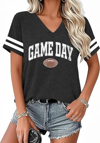 Football Shirts for Women Game Day T Shirt Funny Football Mom V Neck Tshirt Casual Short Sleeve Tops in Saudi Arabia