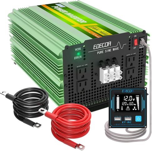 EDECOA محول طاقة موجة جيبية نقية 3500 واط تيار مستمر 12 فولت إلى تيار متردد 120 فولت مع شاشة LCD ووحدة تحكم عن بعد 4 منافذ تيار متردد وكتلة طرفية تيار متردد باللون الأخضر in Kuwait