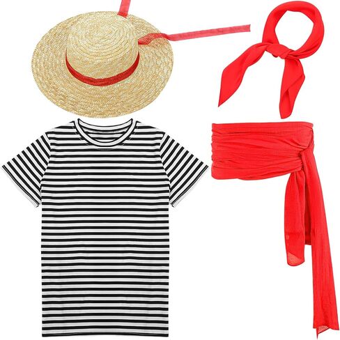 4 Pcs Halloween Italy men Costume White and Black Stripe Shirt Red Neck Scarf Straw Boater Hat for Men Cosplay in Saudi Arabia
