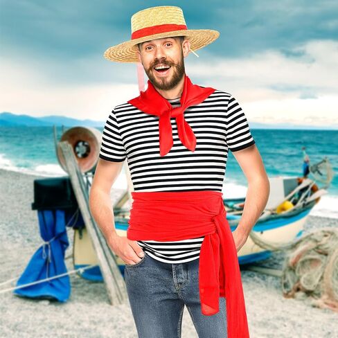 4 Pcs Halloween Italy men Costume White and Black Stripe Shirt Red Neck Scarf Straw Boater Hat for Men Cosplay in Saudi Arabia