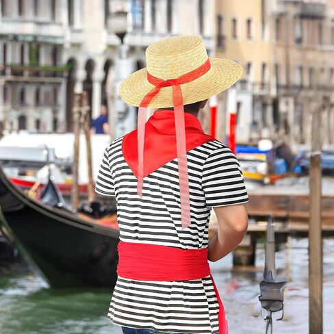 4 Pcs Halloween Italy men Costume White and Black Stripe Shirt Red Neck Scarf Straw Boater Hat for Men Cosplay in Saudi Arabia